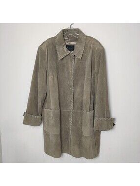 DC Collection Suede Leather Long Trench Coat Jacket Whipstitch Trim Taupe 2L 2XL